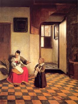 Pieter De Hooch : A Woman with a Baby in Her Lap and a Small Child